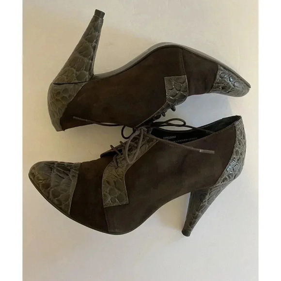 Leather Suede Crock Embossed Heeled Lace up Shoe Pointed Closed Toe Heels - Picture 10 of 11